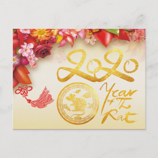Floral Chinese gold Paper-cut Rat 2020 Postcard (Front)