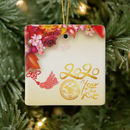 Floral Chinese gold Paper_cut Rat 2020 SqCO Ceramic Ornament
