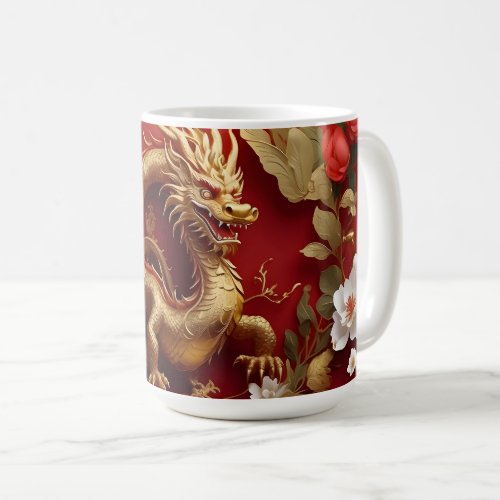 Floral Chinese New year 2024 Gold Dragon White Red Coffee Mug