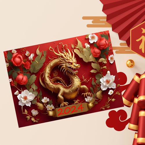 Floral Chinese New year 2024 Gold Dragon White Red Envelope