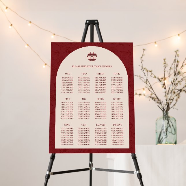 Floral Chinese Wedding 12 Table Seating Chart Foam Board (In Situ (Stand))