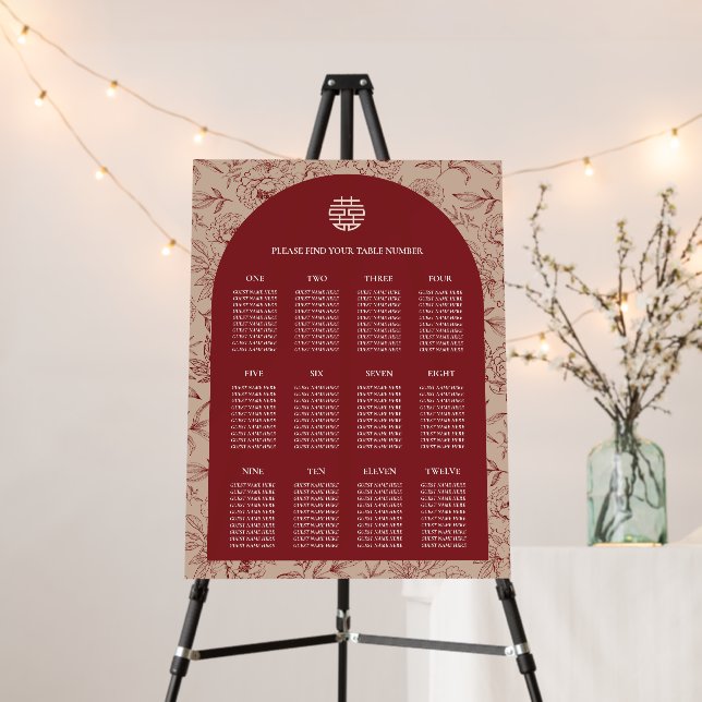 Floral Chinese Wedding 12 Table Seating Chart Foam Foam Board (In Situ (Stand))