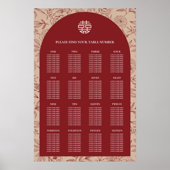 Floral Chinese Wedding 16 Table Seating Chart (Front)