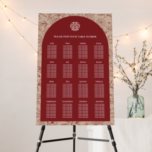 Floral Chinese Wedding 16 Table Seating Chart Foam Board