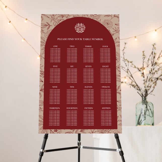 Floral Chinese Wedding 16 Table Seating Chart Foam Board (In Situ (Stand))