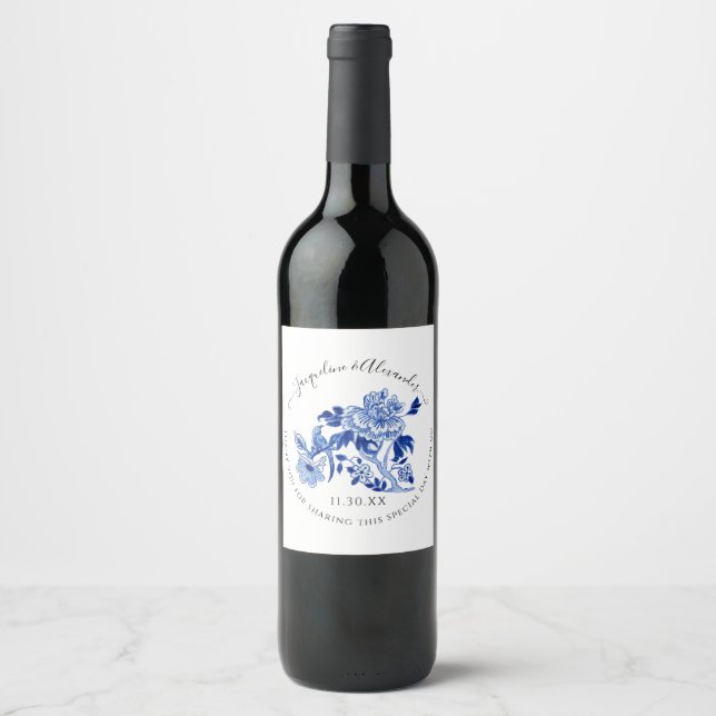 Floral Chinoiserie Bird Foliage Blue White Wedding Wine Label (Front)