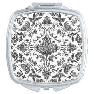 Floral Chinoiserie Black & White Watercolor Compact Mirror