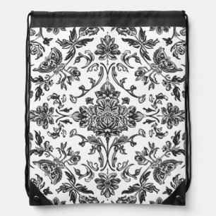 Floral Chinoiserie Black & White Watercolor Drawstring Bag