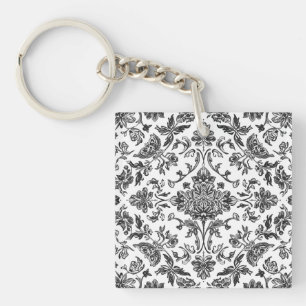Floral Chinoiserie Black & White Watercolor Keychain