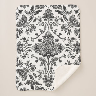 Floral Chinoiserie Black & White Watercolor Sherpa Blanket