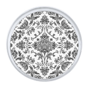 Floral Chinoiserie Black & White Watercolor Silver Finish Lapel Pin