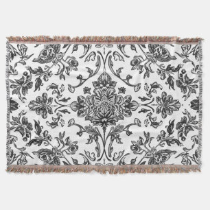 Floral Chinoiserie Black & White Watercolor Throw Blanket