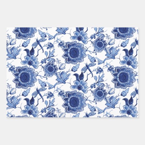 Floral Chinoiserie Blue and White Asian Decoupage Wrapping Paper Sheets