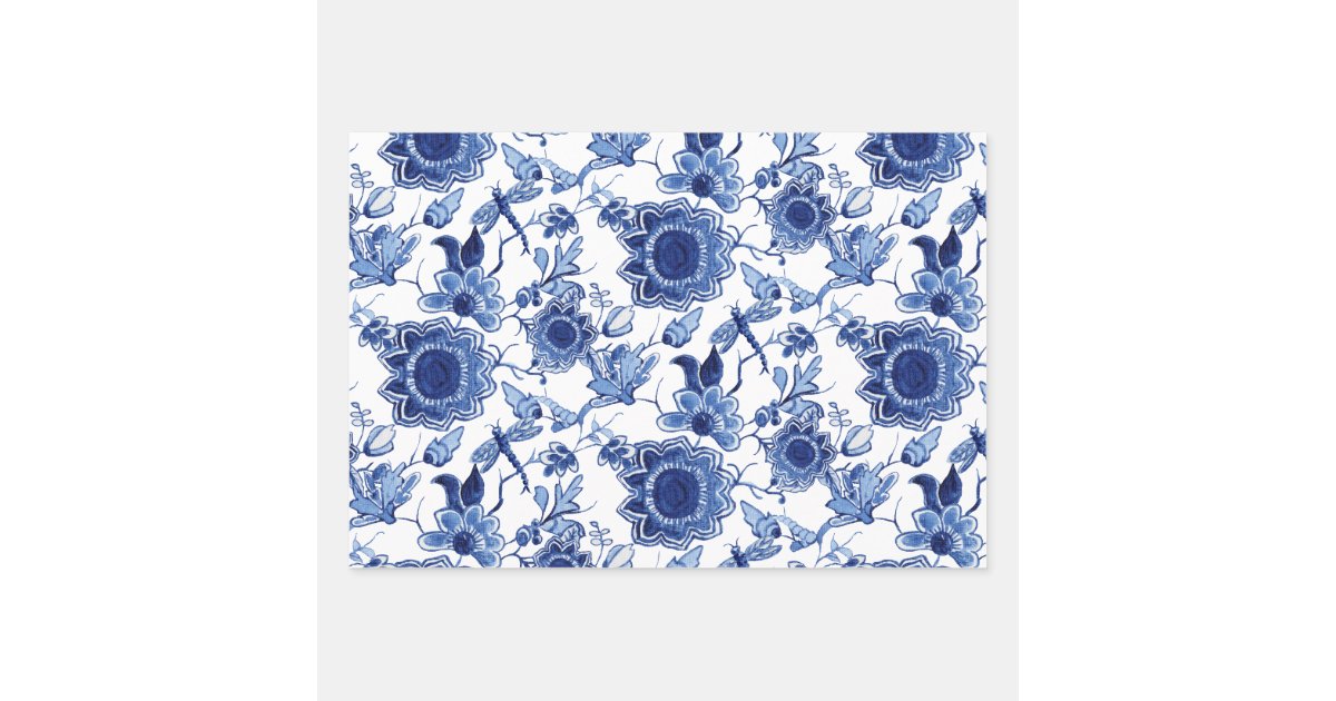 Floral Chinoiserie Blue and White Asian Decoupage Wrapping Paper Sheets ...