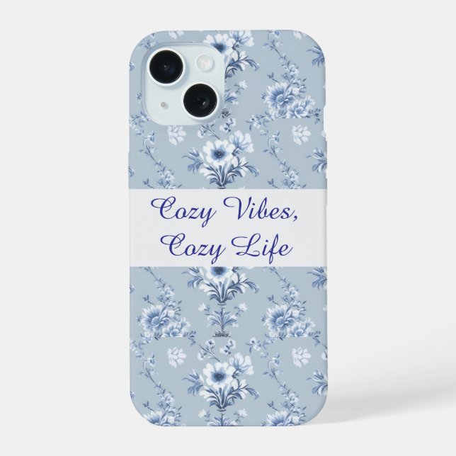 Floral Chinoiserie Blue Toile with custom text iPhone 15 Case (Back)