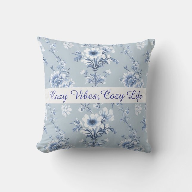 Floral Chinoiserie Blue Toile with custom text Throw Pillow (Front)