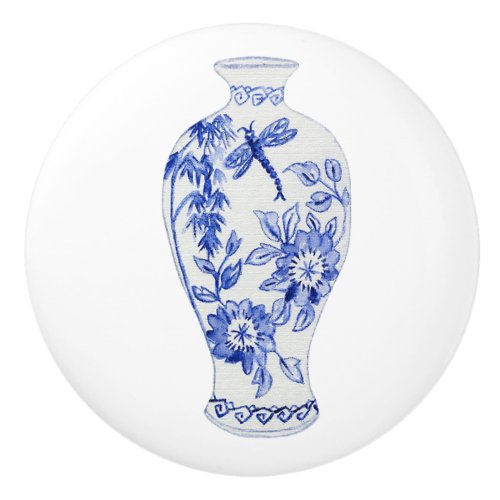 Floral Chinoiserie Blue White Dragonfly Ginger Jar Ceramic Knob