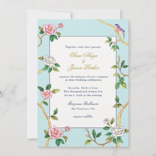Floral Chinoiserie Blue  white Wedding  Invitation