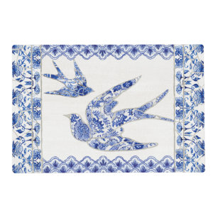 Floral Chinoiserie Chic Blue n White Bird Swallows Placemat