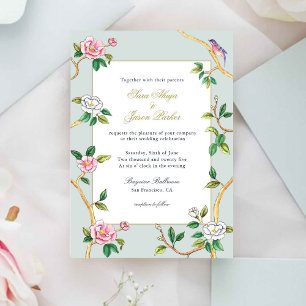 Floral Chinoiserie Grey Blue Wedding Invitation