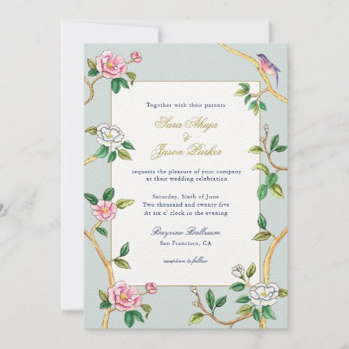 Floral Chinoiserie Grey Blue Wedding  Invitation