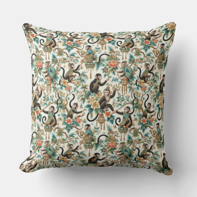 Floral Chinoiserie Monkey Throw Pillow (Front)