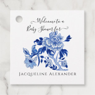Floral Chinoiserie Navy Blue White Baby Shower Fav Favor Tags