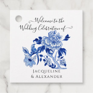 Floral Chinoiserie Navy Blue White Bird Wedding Favor Tags