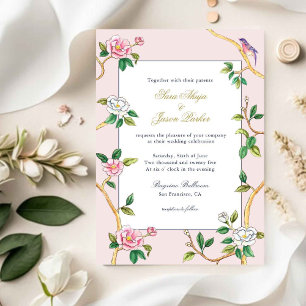 Floral Chinoiserie Pink & white Wedding Invitation