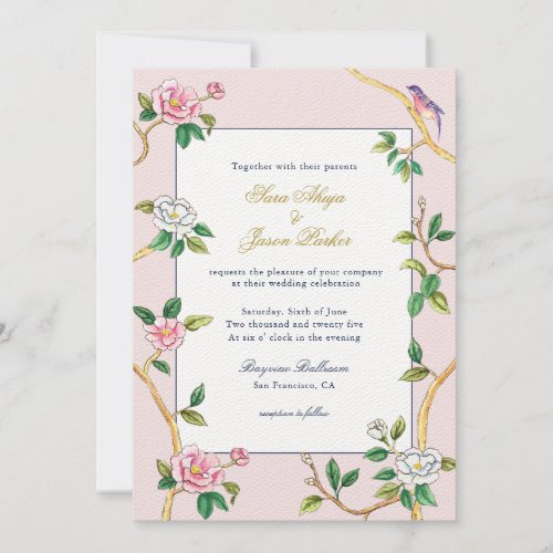 Floral Chinoiserie Pink  white Wedding Invitation