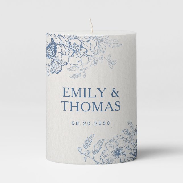 Floral Chinoiserie Wedding Pillar Candle (Front)
