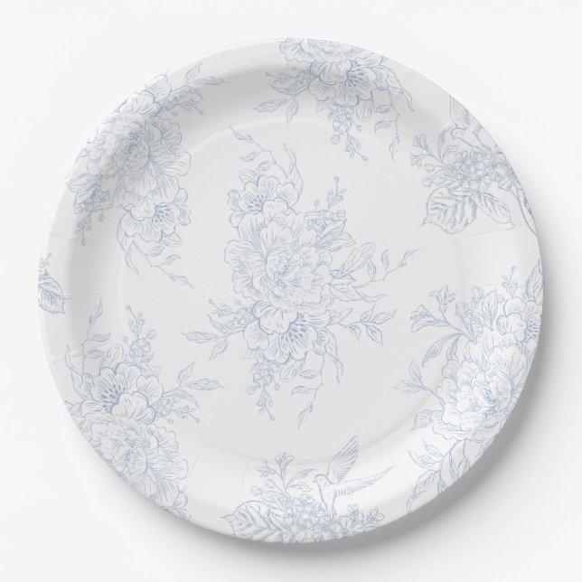 Floral Chintz Chinoiserie Blue Toile Wedding Paper Plates (Front)