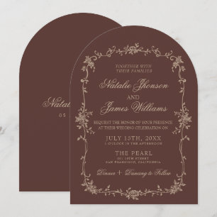 Floral Chocolate Brown Beige Arched Retro Wedding Invitation