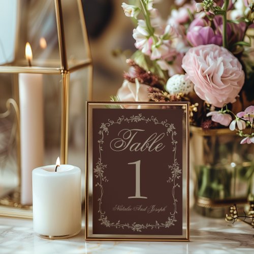 Floral Chocolate Brown Beige Wedding Table Number