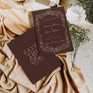 Floral Chocolate Brown Botanical Old Money Wedding Save The Date