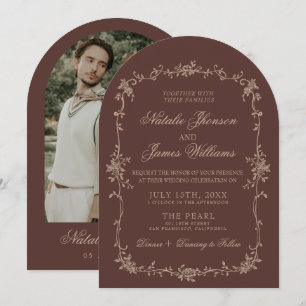 Floral Chocolate Brown Old Money Arched Wedding Invitation