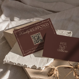 Floral Chocolate Brown Old Money QR Code Wedding RSVP Card