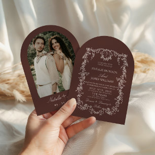 Floral Chocolate Brown Retro Arched Photo Wedding Invitation
