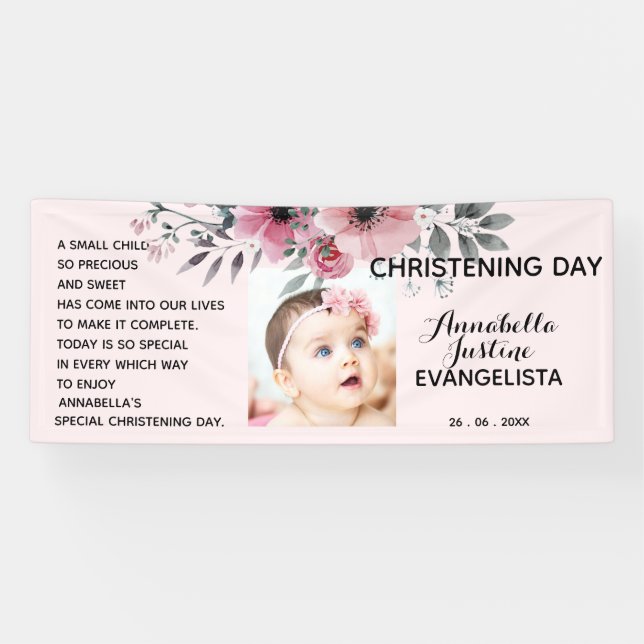 Floral CHRISTENING DAY Soft Pink/Gray Event Party Banner (Horizontal)
