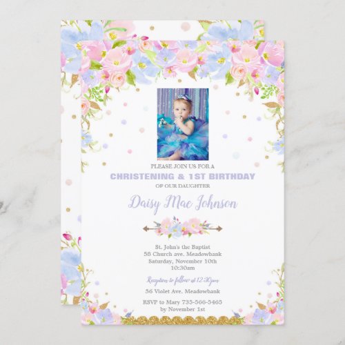 Floral Christening Invitations 1st Birthday Girl