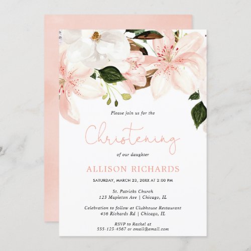 Floral Christening lilies blush pink white greener Invitation