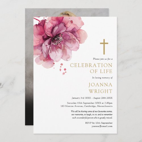 Floral Christian Celebration Of Life Funeral Photo Invitation