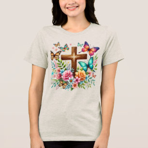 Floral Christian Cross Butterflies Religious Tri-Blend Shirt