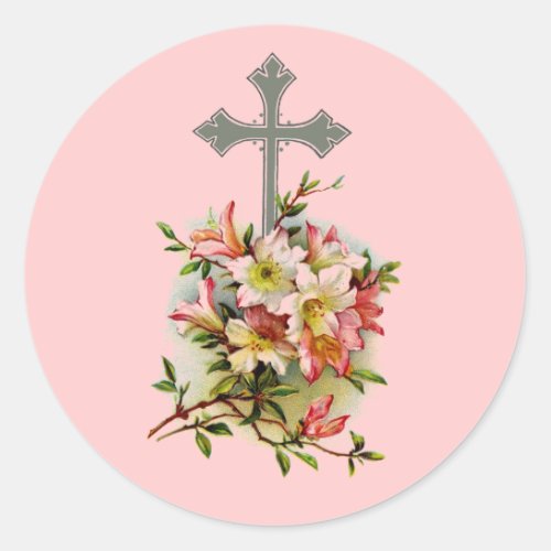Floral Christian Cross Classic Round Sticker
