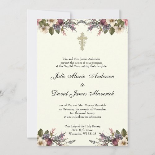 Floral Christian Cross Wedding Rings Catholic Invitation