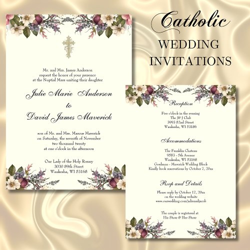 Floral Christian Cross Wedding Rings Catholic Invitation