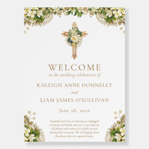 Floral Christian Cross Wedding Welcome Sign