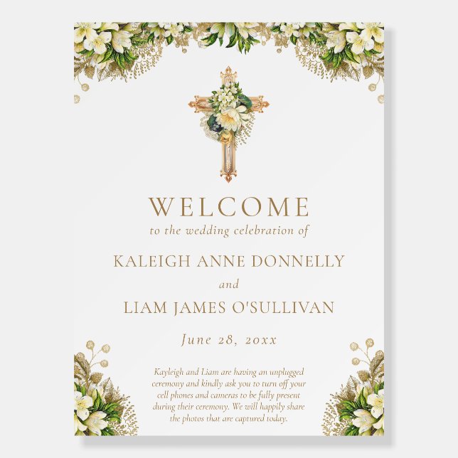 Floral Christian Cross Wedding Welcome Sign (Front)