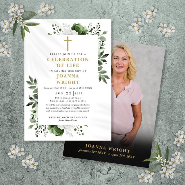 Floral Christian Photo Celebration Of Life   Invitation (Floral Christian Photo Celebration Of Life Invitation)