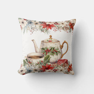 Floral Christmas Afternoon Tea Holiday Throw Pillow
